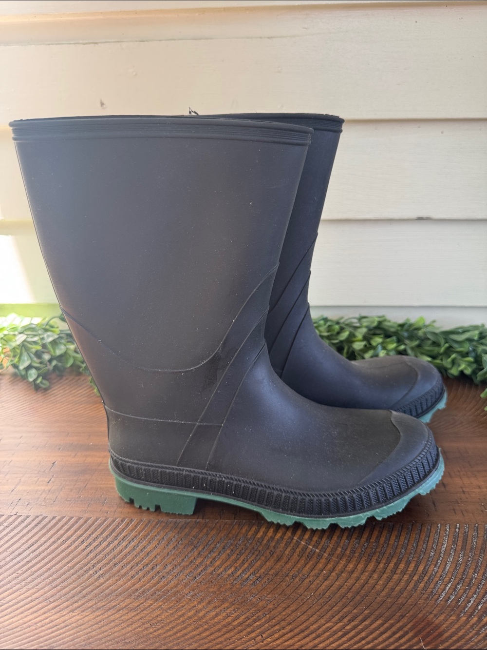 Black Rain Boots with Green Soles